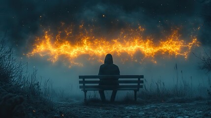 Poster - a person sitting on the ground realistic depiction of light rural america lightning wave made of mis
