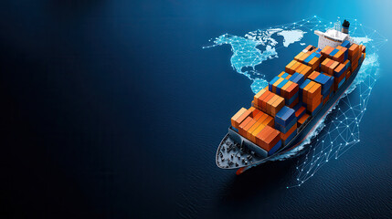 Poster - Global logistics concept with cargo ship transporting containers over digital map. image illustrates connection between shipping and technology, emphasizing efficiency and innovation