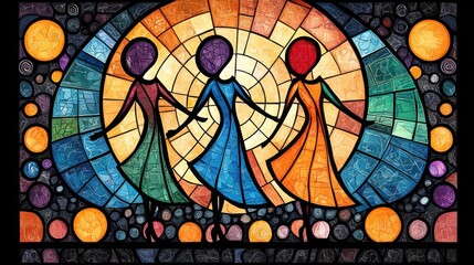 Poster - Vibrant Stained Glass Mosaic with Faceless Figures in Ethereal Patterns