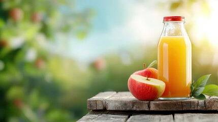 Aufkleber - Fresh apple juice classic glass bottle with red cap, placed beside whole apple and sliced apple rustic wooden table. background features blurred orchard, evoking sense of nature and freshness