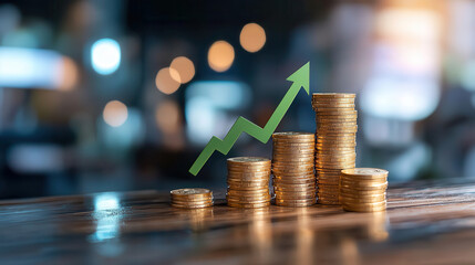 Fototapete - Increasing stacks of gold coins symbolize financial growth and success. upward trend in graph reflects positive economic progress and investment potential