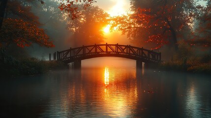 Poster - a wooden bridge over a body of water a picture romanticism sun after a storm beautiful lighting uhd indian forest wallpapers fierce looking misty morning on the river