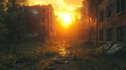 Poster - abandoned towns in daylight with dramatic lens flares,anime style illustration