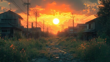 Poster - abandoned towns in daylight with dramatic lens flares,anime style illustration
