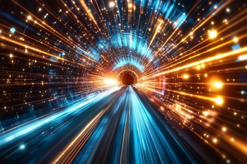 Poster - Futuristic Abstract Space Tunnel with Bright Light Sparks and Colors