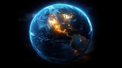 Poster - abstract blue globe with glowing continents,light effects representing global connectivity technolog