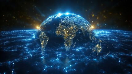 Poster - abstract blue globe with glowing continents,light effects representing global connectivity technolog