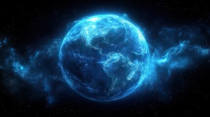 Poster - abstract blue globe with glowing continents,light effects representing global connectivity technolog