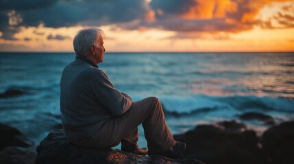 Poster - A senior man gazes thoughtfully at the horizon, seated on rugged rocks beside the ocean. As the sun sets, warm colors illuminate the sky, blending perfectly with the tranquil sea