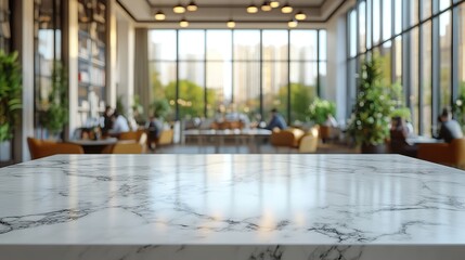 Poster - abstract blurred interior background with white marble tabletop,busy workplace scene