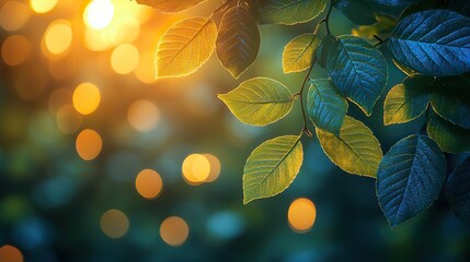 Poster - abstract bokeh with natural green,blue background beautifully blurred summer leaves,yellow blue light effects