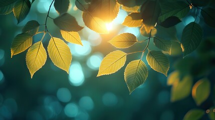Poster - abstract bokeh with natural green,blue background beautifully blurred summer leaves,yellow blue light effects