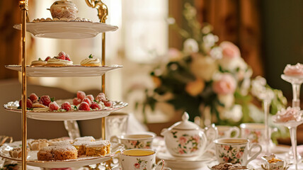 Elegant table setting for tea party with cakes and cupcakes in English manor. Vintage style.