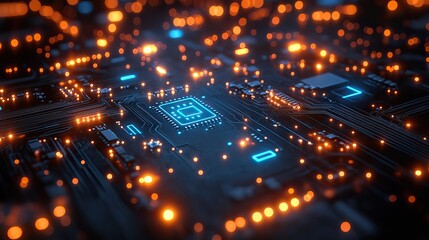 Fototapete - abstract structure of circuit board with glowing neon blue lines,dots computer technology,business concept background