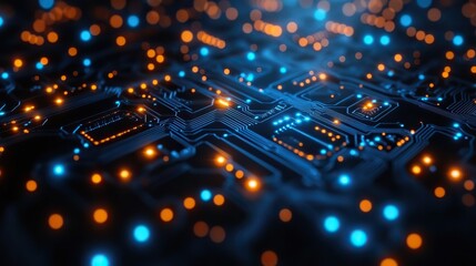 Fototapete - abstract structure of circuit board with glowing neon blue lines,dots computer technology,business concept background