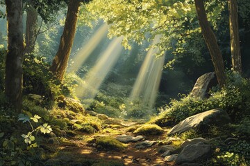 Wall Mural - Sunbeams pierce a lush forest, illuminating a mossy path winding through rocks and trees.