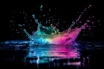 Poster - Colorful Splash of Water with Abstract Light Reflections in Darkness