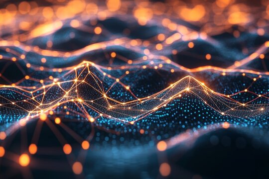 Abstract Digital Landscape with Glowing Connection Lines and Nodes