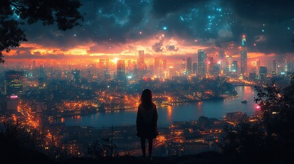 Poster - anime cityscape a moody manga lofi night with a cute girl gazing at the beautiful 4k city person in the city wallpaper