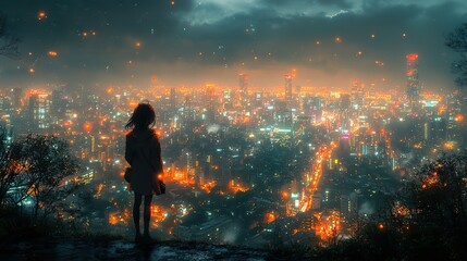 Poster - anime cityscape a moody manga lofi night with a cute girl gazing at the beautiful 4k city person in the city wallpaper