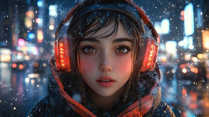 Poster - anime girl with headphones enjoying music in a futuristic city cyberpunk,steampunk style illustration