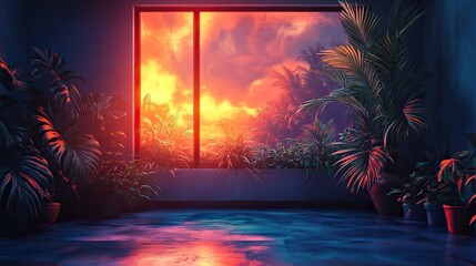 Poster - anime manga style empty room with jungle view,hip hop lights a colorful,cozy lofi scene
