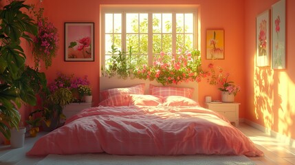 Poster - anime style illustration of a cozy bedroom with unmade bed pink plaid,cushions on white wall light,cute interior design with muted colors,bright lighting