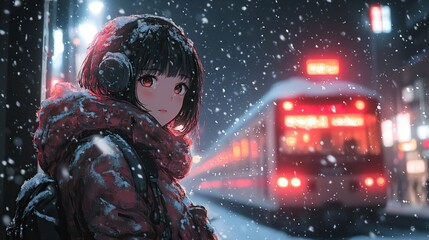 Poster - anime style illustration of a japanese high school girl waiting for train in a snowy city with aesthetic muted colors,bright lighting