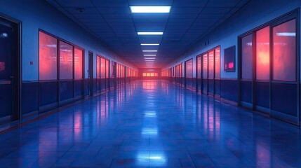 Poster - anime style illustration of a school hallway in timelapse with dramatic lighting,muted colorsheme
