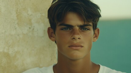 Portrait of a Handsome Young Male With Natural Expression Against a Soft Blue Background