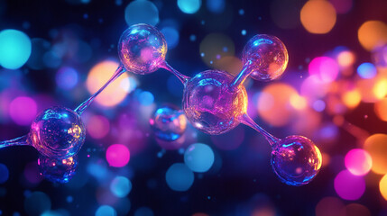 Poster - Colorful molecular structure illuminated by vibrant lights in an abstract space