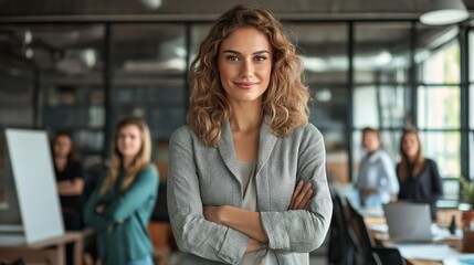 Poster - In a vibrant office filled with natural light, a successful businesswoman stands confidently with her arms crossed, exuding leadership