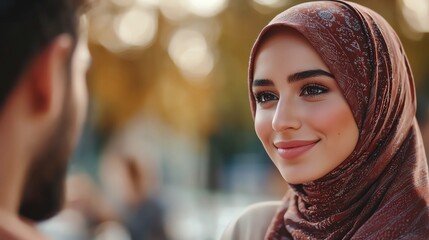 A woman in a beautiful scarf smiles warmly while engaging in conversation, showcasing joy and connection in a serene environment.