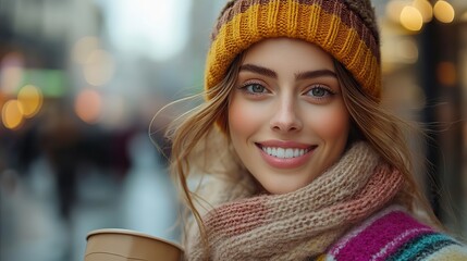 Poster - beautiful fashionable woman sipping coffee while carrying shopping bags near a shopping mall