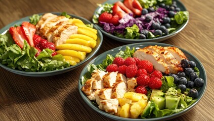 Wall Mural - Grilled chicken & fruit salad bowls on wood table