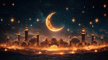 Poster - beautiful ramadan kareem background with golden crescent moon stars,lanterns for eid mubarak celebration,greeting card