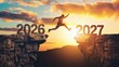 © FAFO - New Year 2027, Inspiration and progress towards new success. Silhouettes of human jumping over cliff towards finish line with text new year 2027