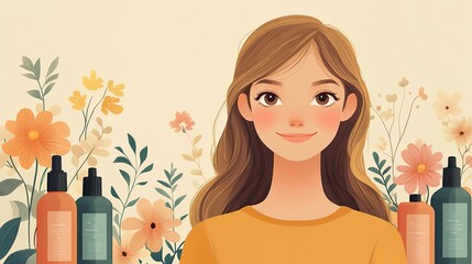 Poster - blonde hair care products banner template with smiling young woman,copy space on pastel flat background