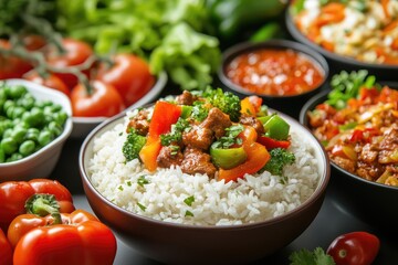 Wall Mural - Savory Beef Rice Bowl, colorful vegetables, restaurant setting, food photography