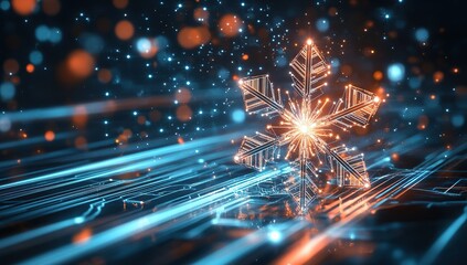 Poster - Glowing Snowflake: Digital Winter Design, Festive Lights Sparkle Brightly on Abstract Background