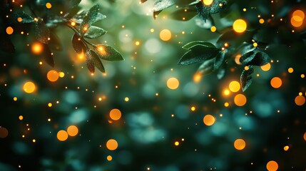 Poster - blurred view of festive lights on green background with bokeh effect for vibrant holiday,celebration