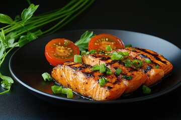 Wall Mural - Grilled salmon, cherry tomatoes, herbs, dark background, food photography