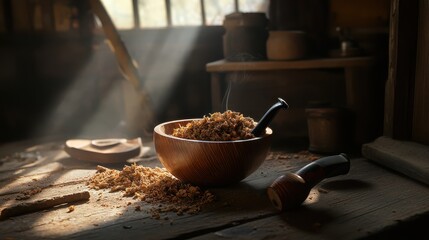 Wall Mural - Rustic Wooden Bowl with Shredded Ingredients in Sunlit Room