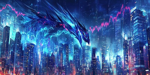 Poster - Digital Dragon Soars Over Futuristic Cityscape with Glowing Stock Market Chart at Night