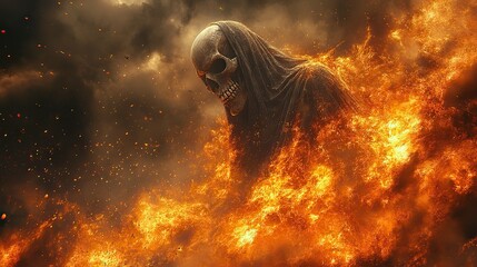 Poster - captivating fantasy digital art reaper skull in fiery darkness
