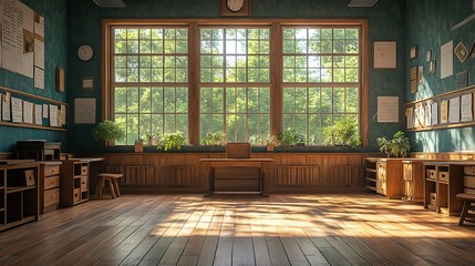 Poster - captivating view of a traditional school classroom with beautiful wooden flooring,furniture education,school concept