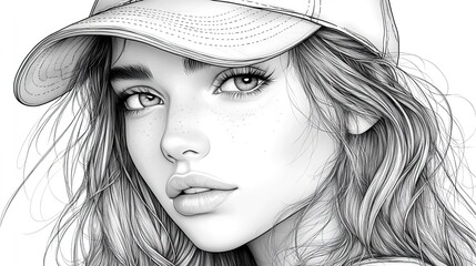 Poster - charming girl with cap black,white coloring book vector illustration for creative leisure activities