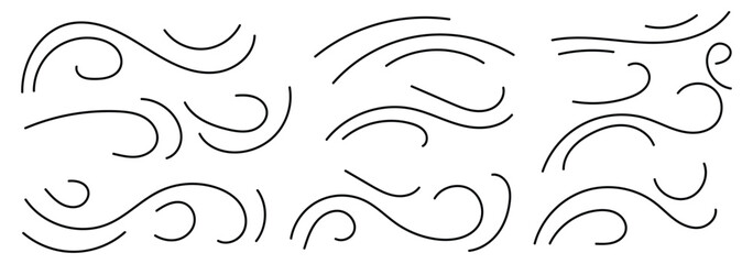 Poster - Sketch drawn air blow motion, smoke flow art, abstract line. Doodle wind line sketch set. Doodle line wind moving set. wind line art cartoon doodle vector illustrator.