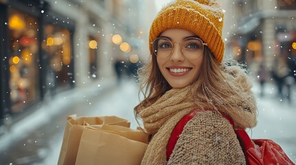 Poster - cheerful woman holding shopping bags,admiring store displays while strolling through the city shopping district