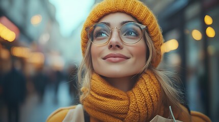 Poster - cheerful woman holding shopping bags,admiring store displays while strolling through the city shopping district